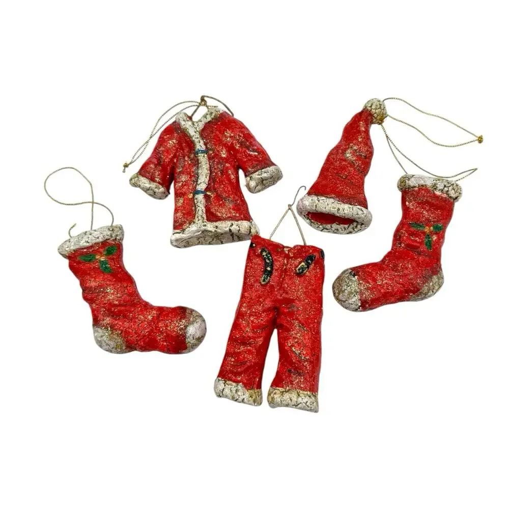 Set of 5 Santa Clothes Christmas Ornaments Red White Resin‎ Light Glitter EUC